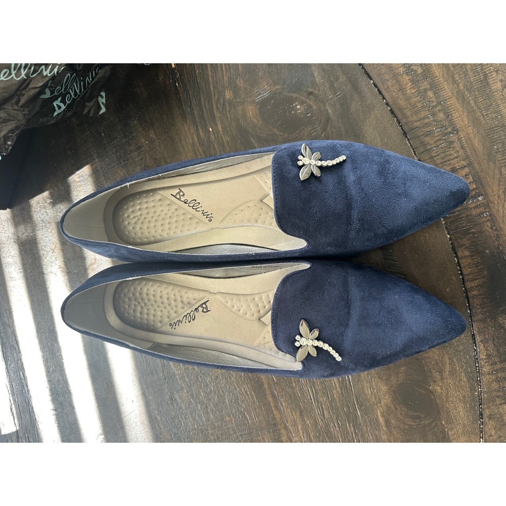 Bellini Dragonfly Navy Blue Suede Pointed Toe Loafer Flats Rhinestone 11W NWOT